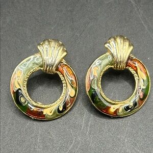 Vintage USA Gold Tone Metal Enameled Open Disc Post Back Earrings Jewelry